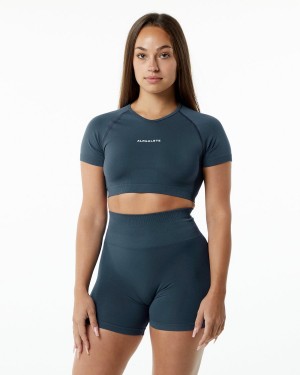 Alphalete Amplify V-Neck Crop Top Skjorte Dame Blå | JHYSPR-814