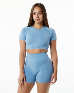 Alphalete Amplify V-Neck Crop Top Skjorte Dame Washed Denim | CLIOYM-837