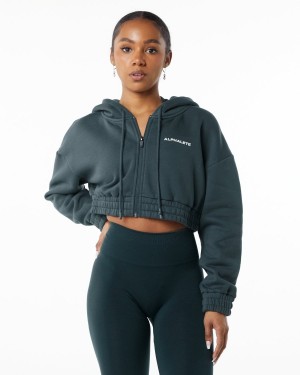 Alphalete Classic Capital Full-Zip Crop Jacket Jakker Dame Ocean | GPLMBD-536