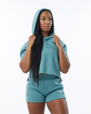 Alphalete ELMTS Half Sleeve Hoodie Hettegenser Dame Teal | NTYWUV-275