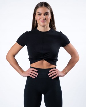 Alphalete Evo Twist Crop Skjorte Dame Svarte | DWEQPJ-816