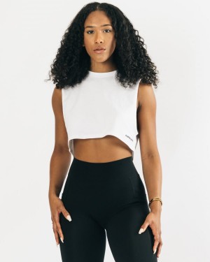 Alphalete Heavy Bomull Cropped Cutoff Tank Top Dame Hvite | MHKRVU-264