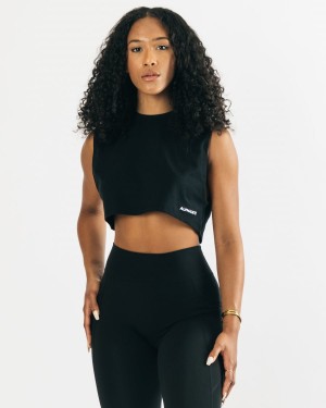 Alphalete Heavy Bomull Cropped Cutoff Tank Top Dame Svarte | XWHEMG-693