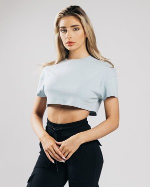 Alphalete Heavy Bomull Dropped Shoulder Crop Skjorte Dame Blå | VZLYFW-504