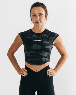 Alphalete Velocity Crop Tee Skjorte Dame Svarte Camouflage | GZHMYB-598