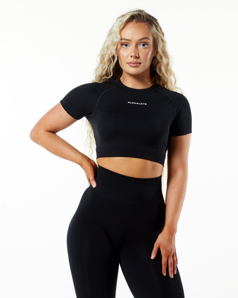 Alphalete Amplify SS Crop Skjorte Dame Svarte | NTUSAC-741