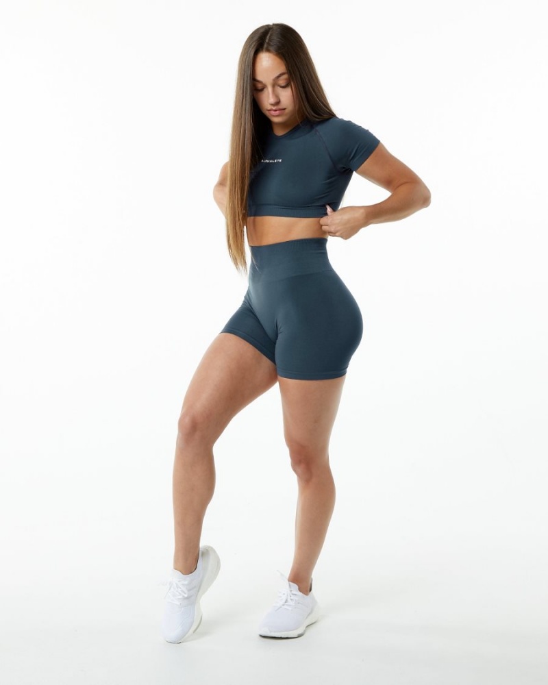 Alphalete Amplify V-Neck Crop Top Skjorte Dame Blå | JHYSPR-814