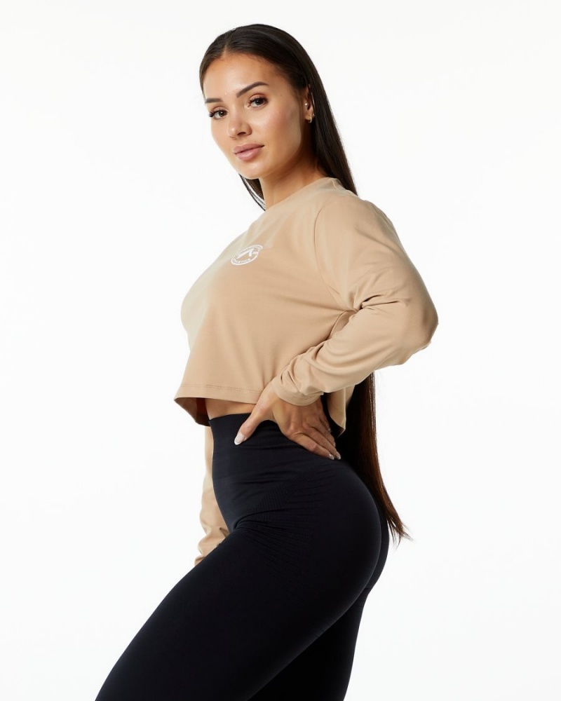 Alphalete Dynasty LS Crop Langermet Dame Taupe | KXBAWN-680