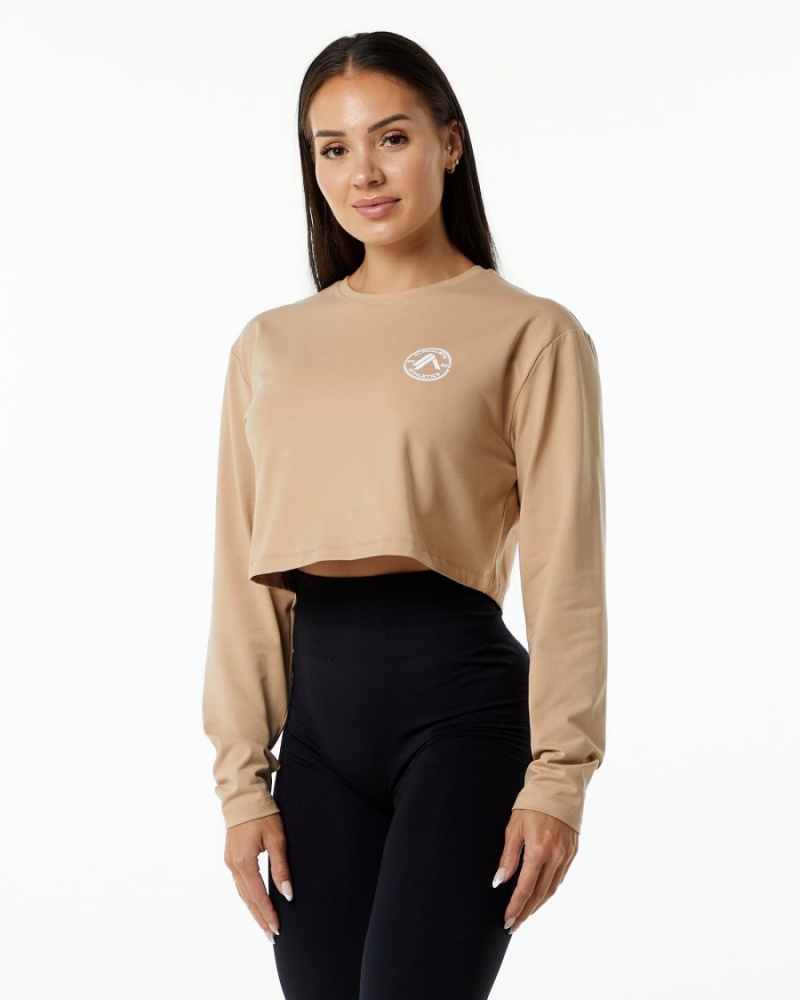 Alphalete Dynasty LS Crop Langermet Dame Taupe | KXBAWN-680