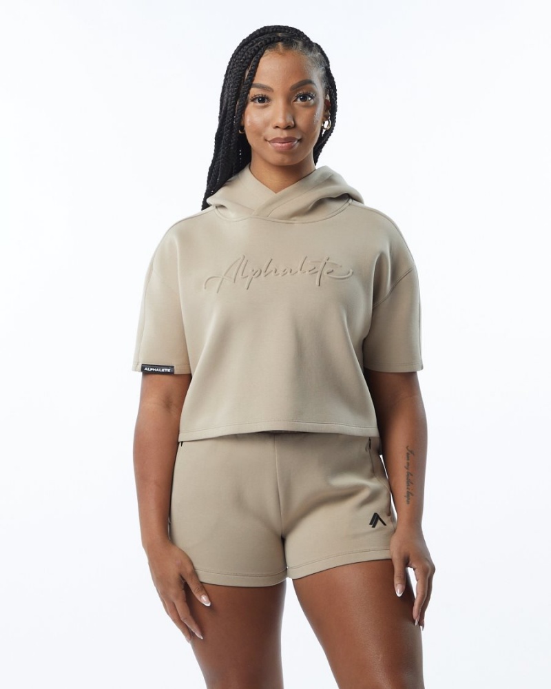 Alphalete ELMTS Half Sleeve Hoodie Hettegenser Dame Tan | RETSGF-603