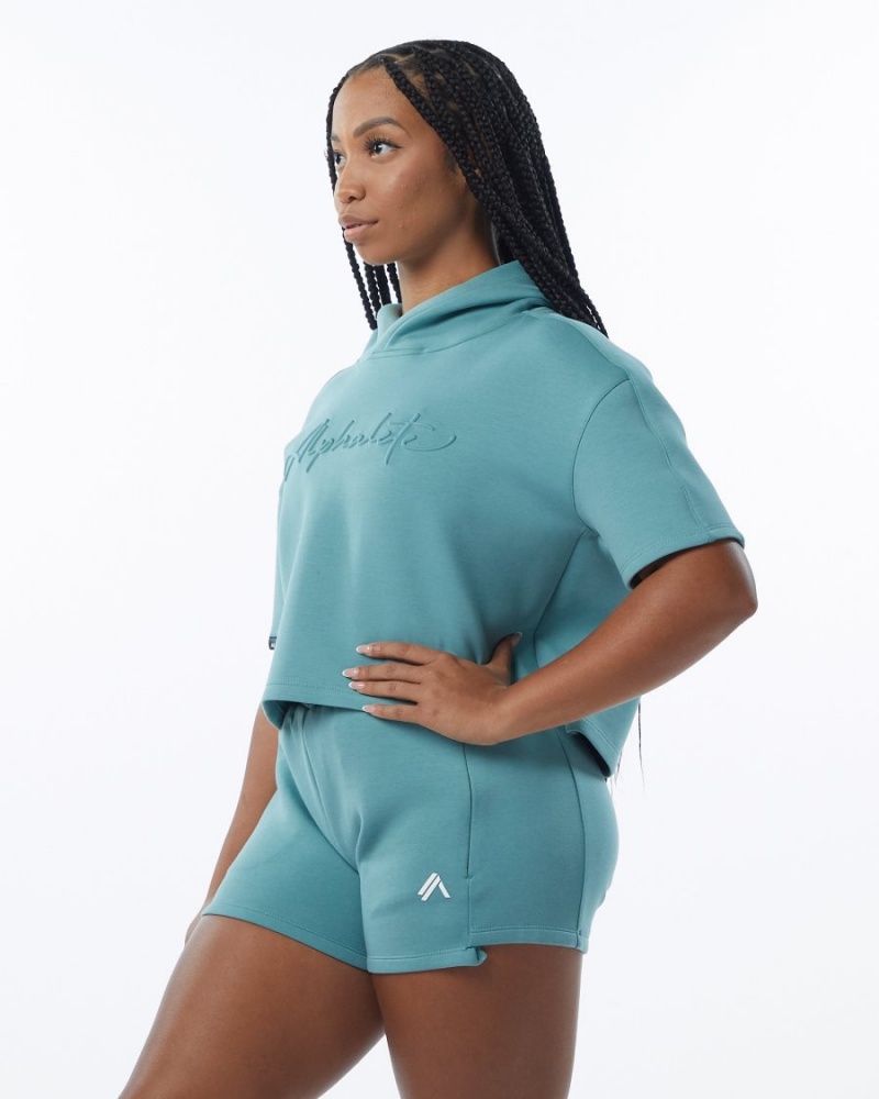 Alphalete ELMTS Half Sleeve Hoodie Hettegenser Dame Teal | NTYWUV-275