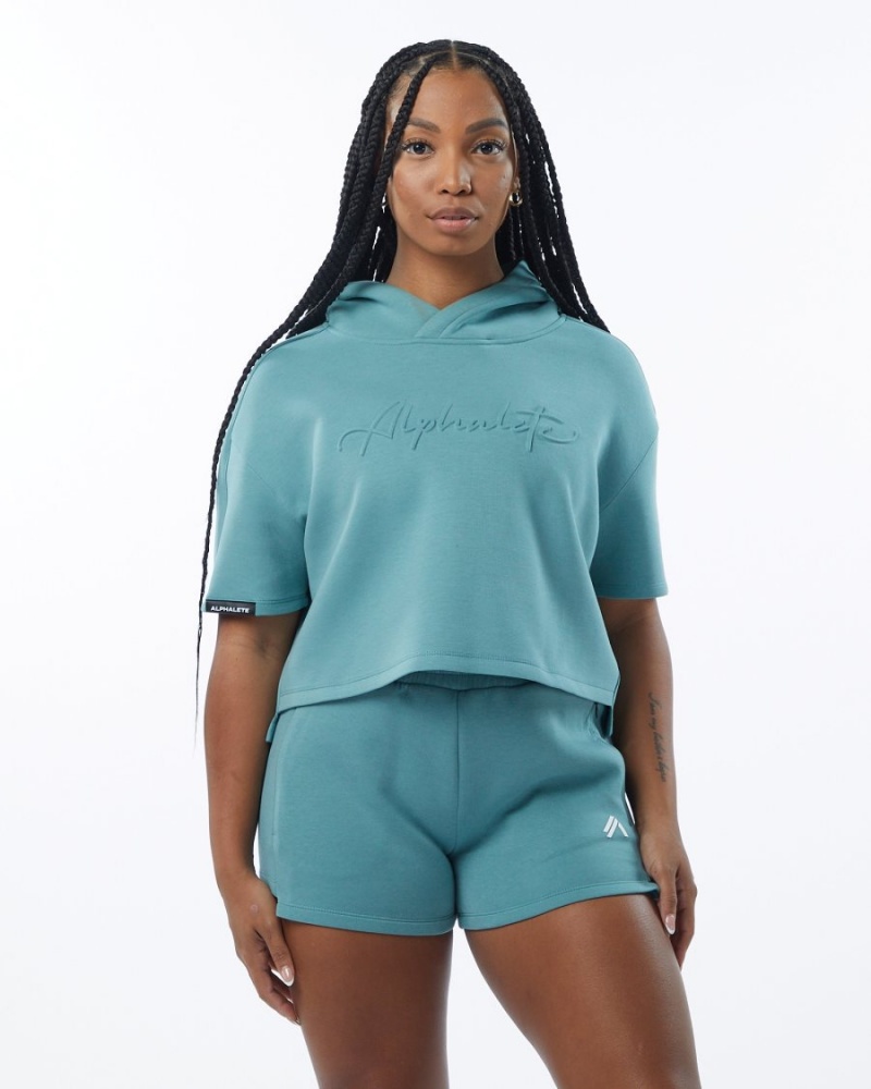 Alphalete ELMTS Half Sleeve Hoodie Hettegenser Dame Teal | NTYWUV-275