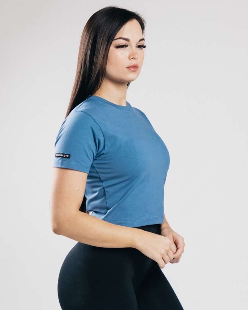 Alphalete Essential Kort Sleeve Crop Skjorte Dame Blå | JWHFSI-679