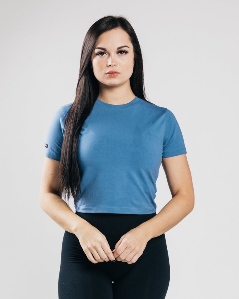 Alphalete Essential Kort Sleeve Crop Skjorte Dame Blå | JWHFSI-679