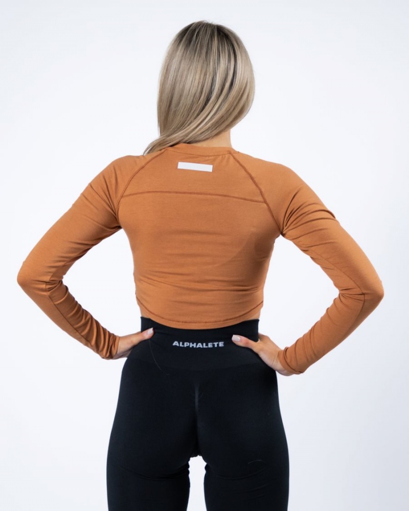 Alphalete Evo Long Sleeve Crop Langermet Dame Camel | QGKTRO-417