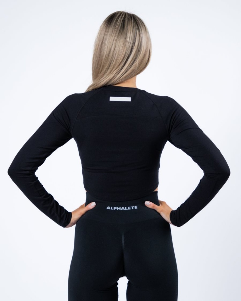 Alphalete Evo Long Sleeve Crop Langermet Dame Svarte | RPJXUZ-567