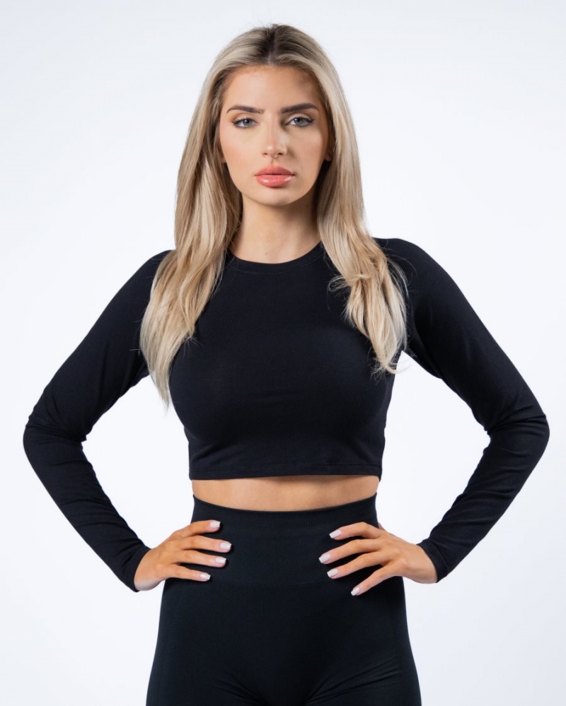 Alphalete Evo Long Sleeve Crop Langermet Dame Svarte | RPJXUZ-567