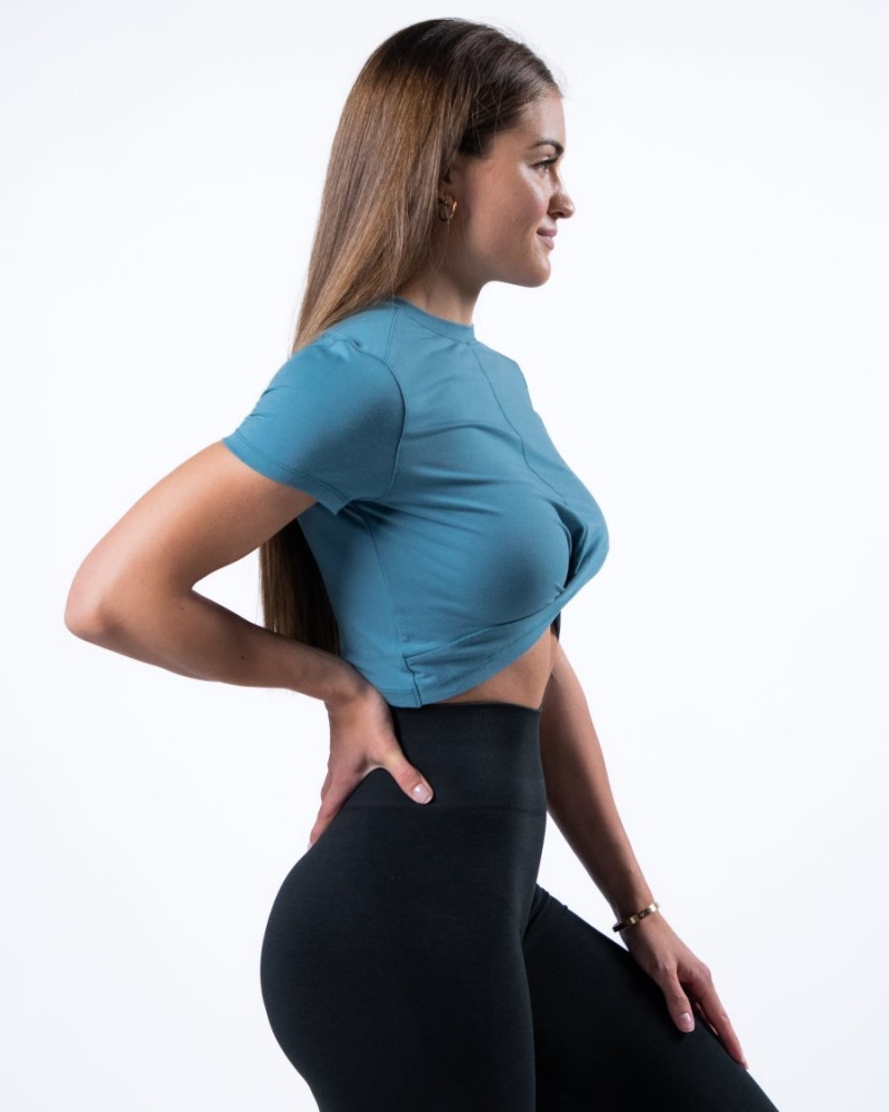 Alphalete Evo Twist Crop Skjorte Dame Blå | JDIVOB-023