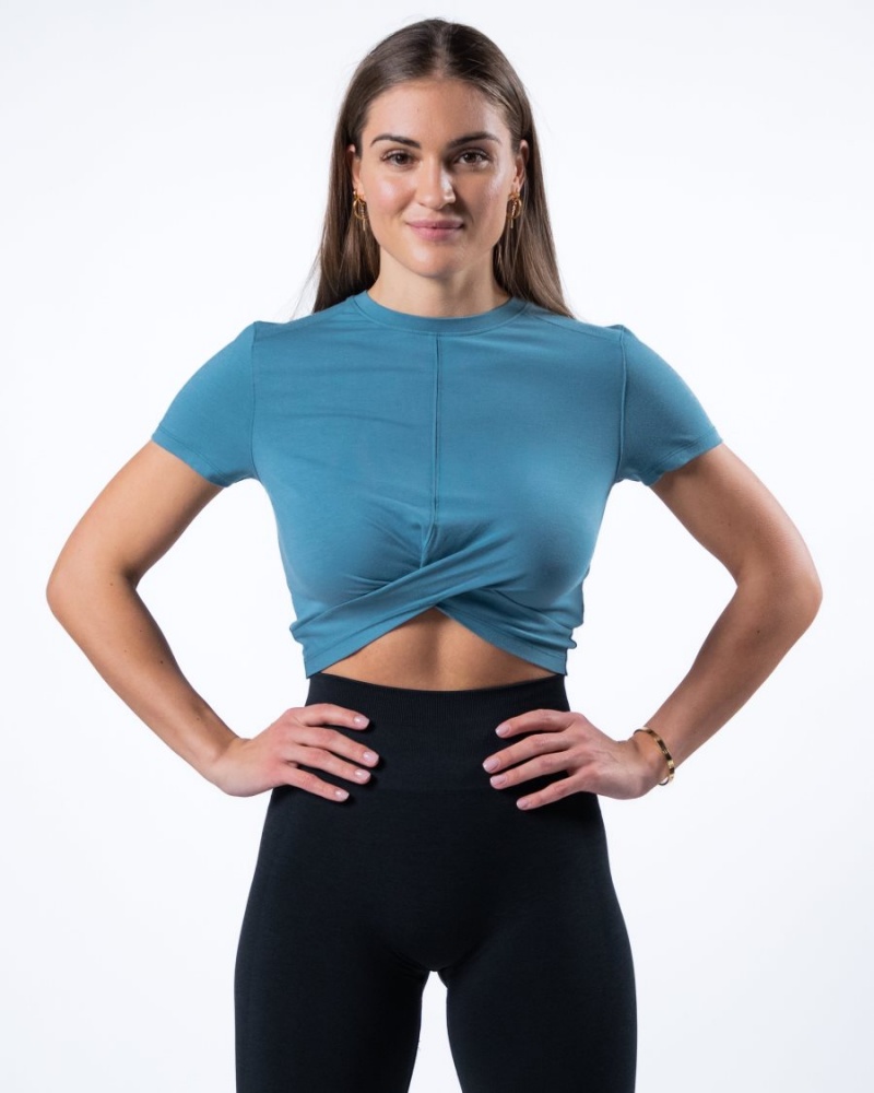 Alphalete Evo Twist Crop Skjorte Dame Blå | JDIVOB-023