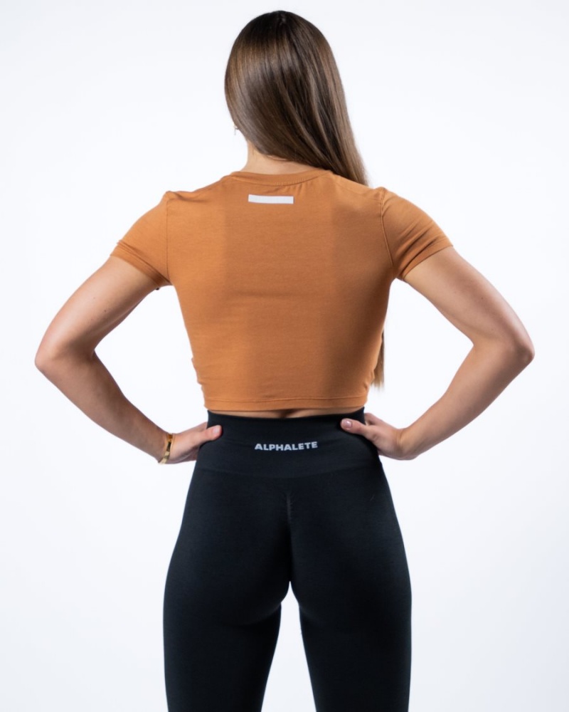 Alphalete Evo Twist Crop Skjorte Dame Camel | ZYJBHS-805