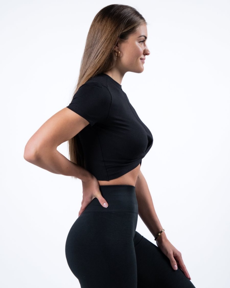 Alphalete Evo Twist Crop Skjorte Dame Svarte | DWEQPJ-816