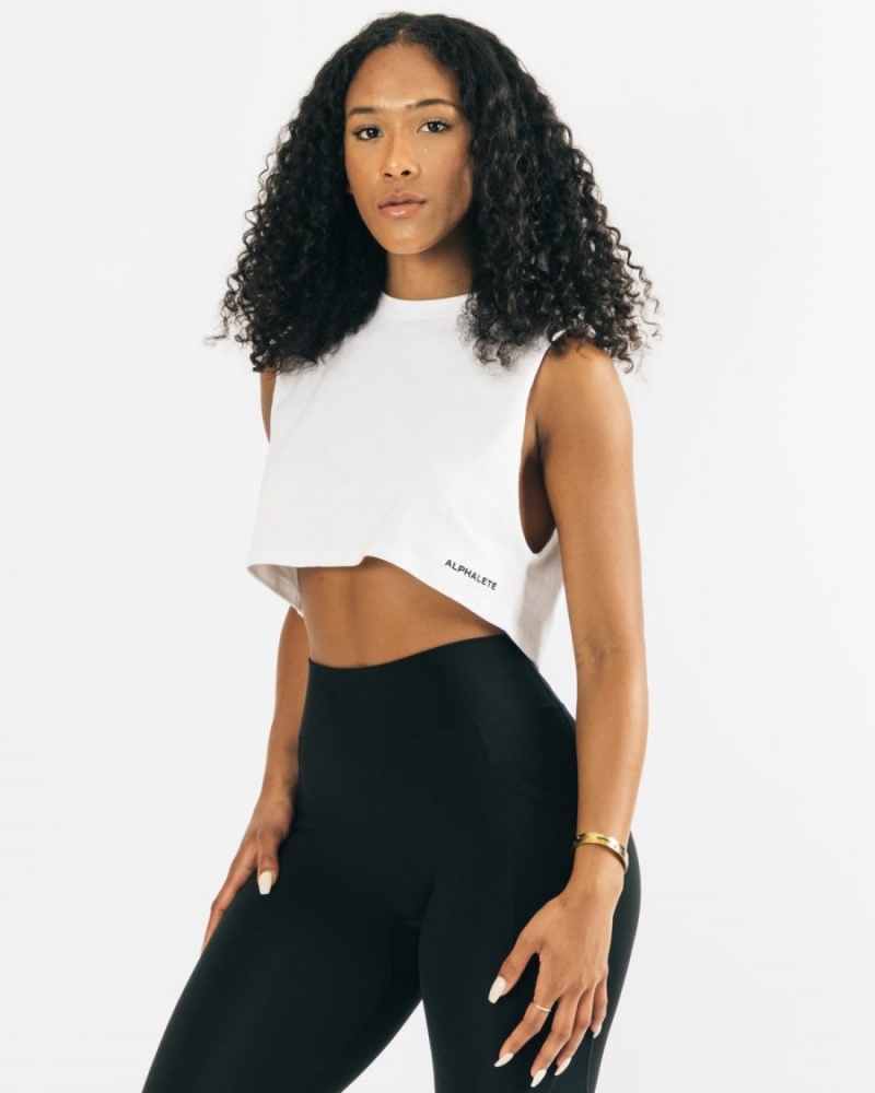 Alphalete Heavy Bomull Cropped Cutoff Tank Top Dame Hvite | MHKRVU-264