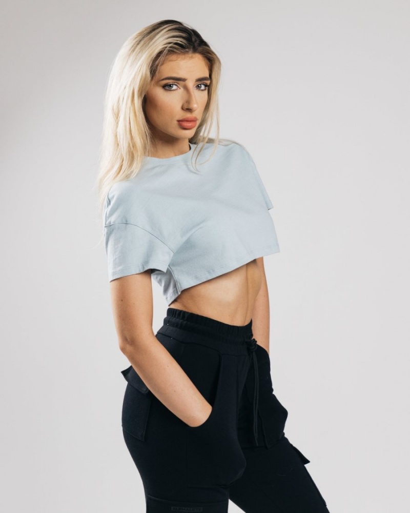 Alphalete Heavy Bomull Dropped Shoulder Crop Skjorte Dame Blå | VZLYFW-504