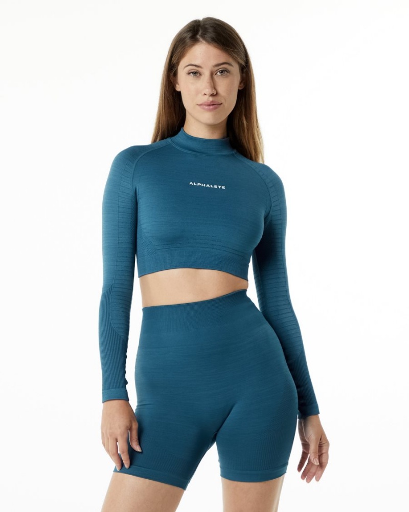 Alphalete Ozone High Neck LS Crop Langermet Dame Blå | TRQDMY-689