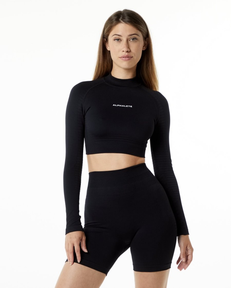 Alphalete Ozone High Neck LS Crop Langermet Dame Svarte | AKQYEZ-495