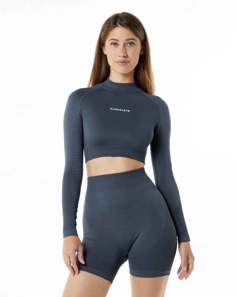 Alphalete Ozone High Neck LS Crop Langermet Dame Carbon | ULXYQN-703