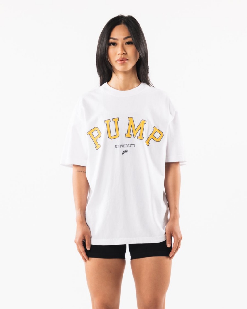 Alphalete Pump University Tee Skjorte Dame Hvite | AUWKOI-693