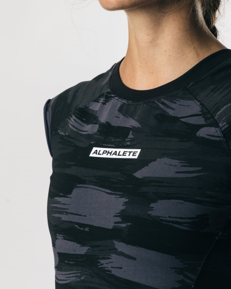 Alphalete Velocity Crop Tee Skjorte Dame Svarte Camouflage | GZHMYB-598