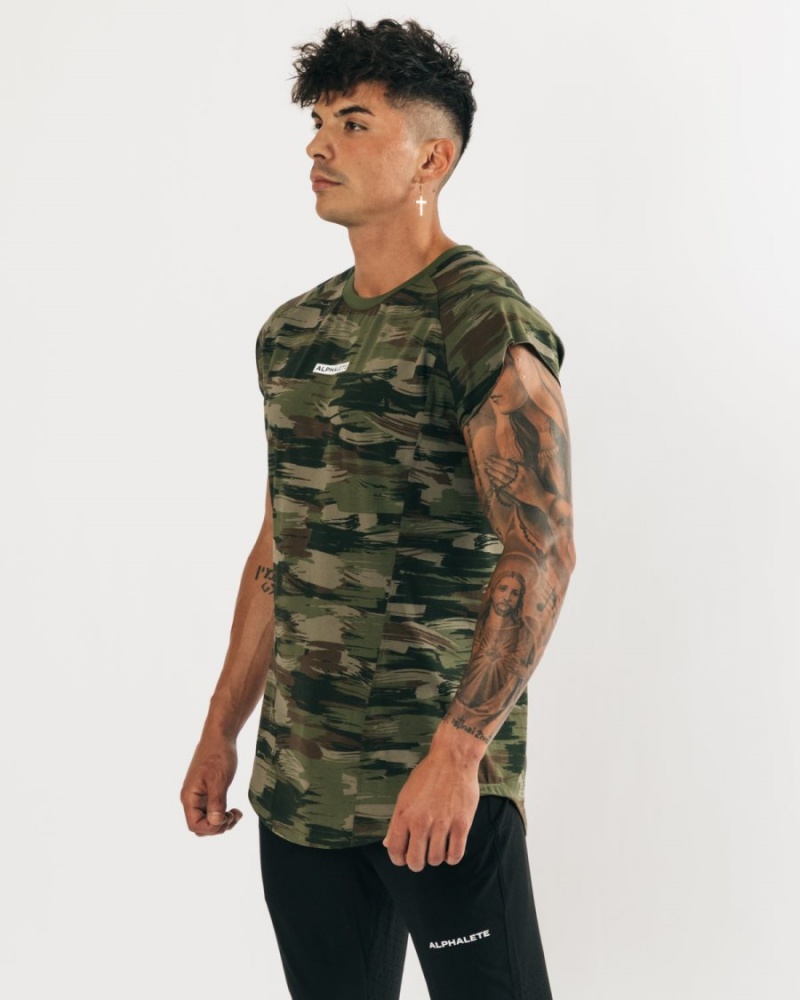 Alphalete Velocity Ermeløse Tee Stringers Herre Olivengrønne Camouflage | GSZEYQ-195